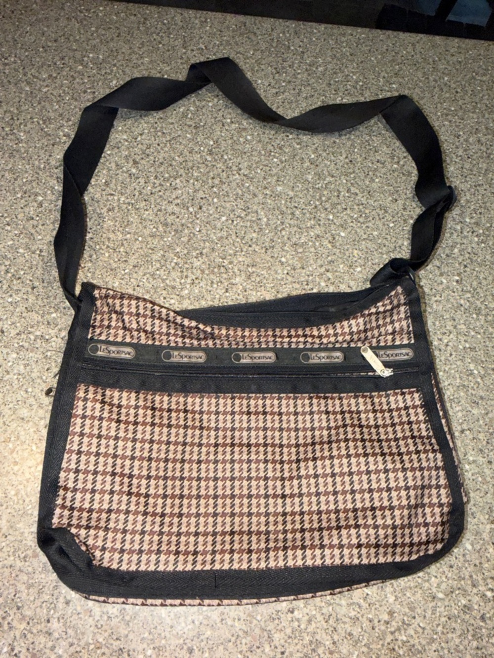 Lesportsac Brown Houndstooth Messenger Bag with Black Trim
